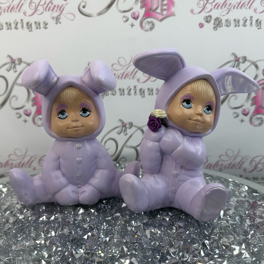 Chalkware decor bunnies vintage set 2 Lavender Bunny Baby Figurines - Pair